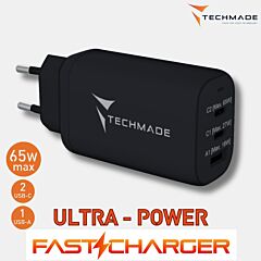 TECHMADE | Quick Fast Charger – hitri polnilnik 2x USB-C + USB-A | 65 WATT | Black - PIKADO.shop