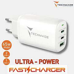 TECHMADE | Quick Fast Charger – hitri polnilnik 2x USB-C + USB-A | 65 WATT | White - PIKADO.shop